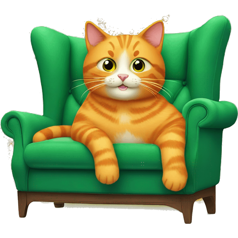 A happy orange cat sits on a green sofa, holding a tablet, with a large screen showing colorful patterns in the background. emoji