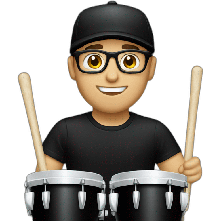 male drummer, caucasian, with a black cap, glasses, and black t-shirt emoji