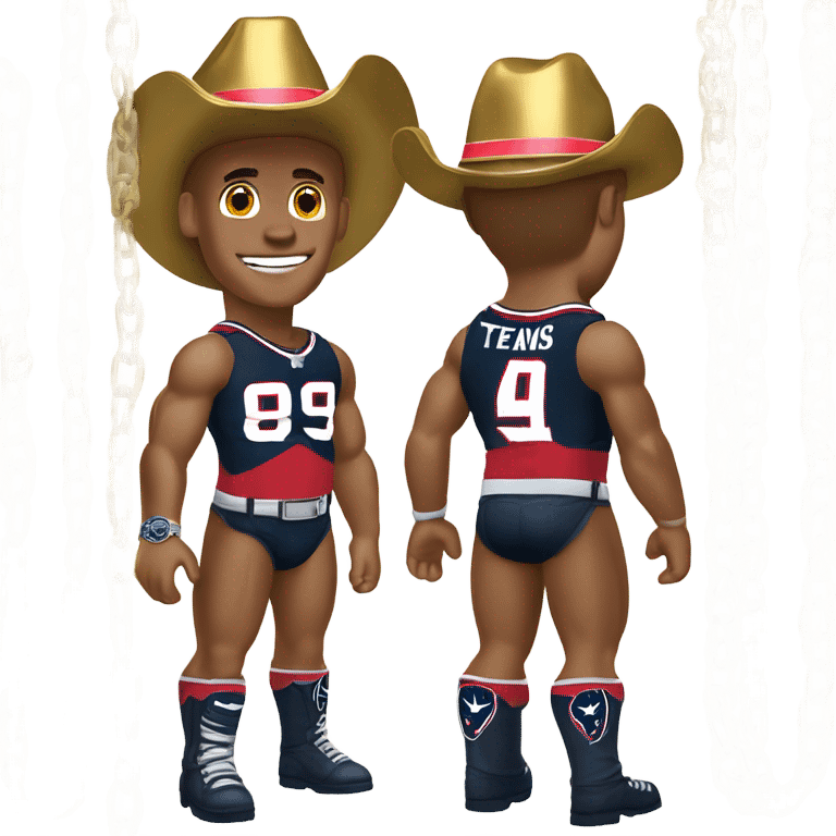 He man, Houston Texans jersey, gold chains, cowboy hat, gold rings, emoji