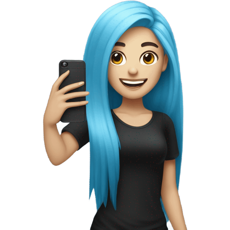 white skin girl with long blue hair in black clothes taking a selfie emoji