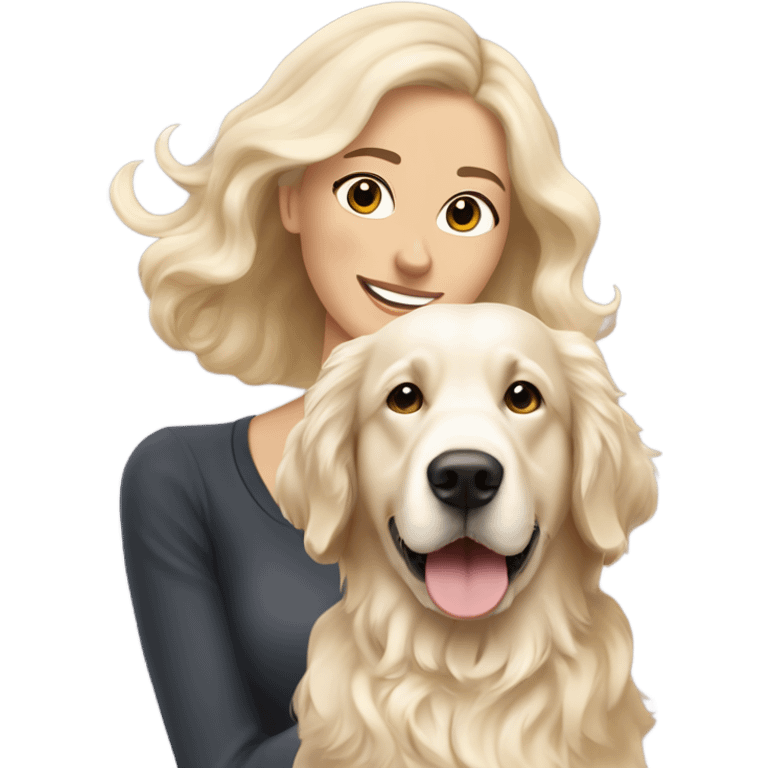 Long bouncy blow dry dark brown haired woman and her English cream golden retriever curly haired dog emoji