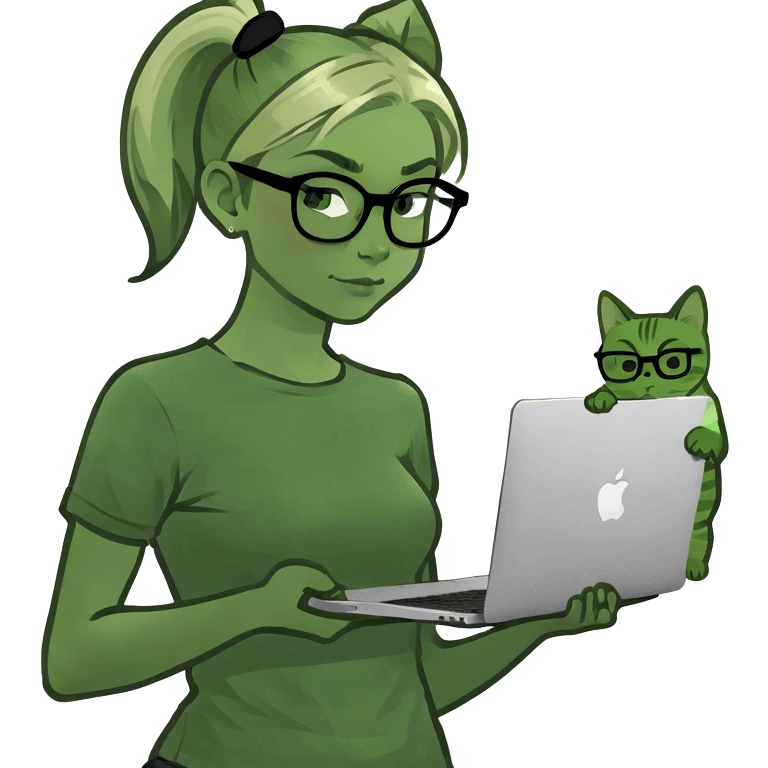 Blonde girl ponytail green eyes with macBook and a cat emoji