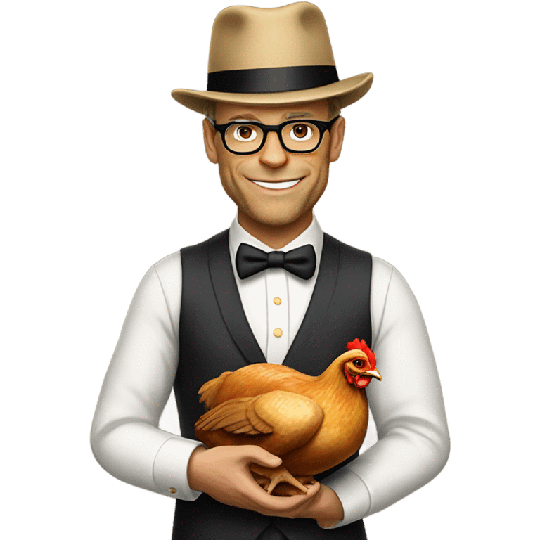 Alton brown wearing bowler hat holding a roasted chicken emoji