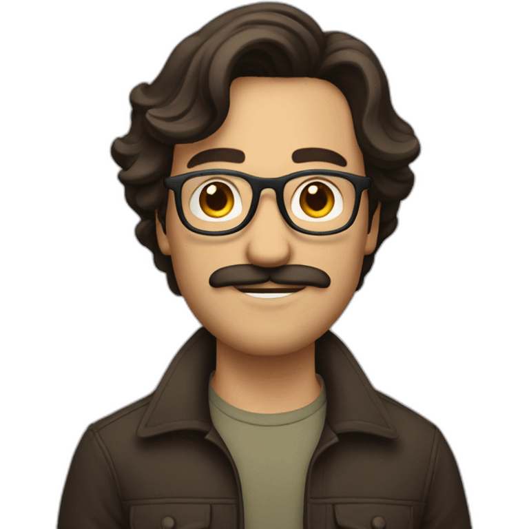 guy with curled mi-long hair, brune, with glasses, with small moustache and beard emoji