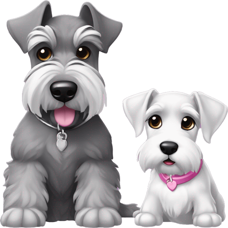 One big gray schnauzer with dark eyes that’s wearing a black collar and a silver tag next to a small all white puppy schnauzer with a pink collar emoji