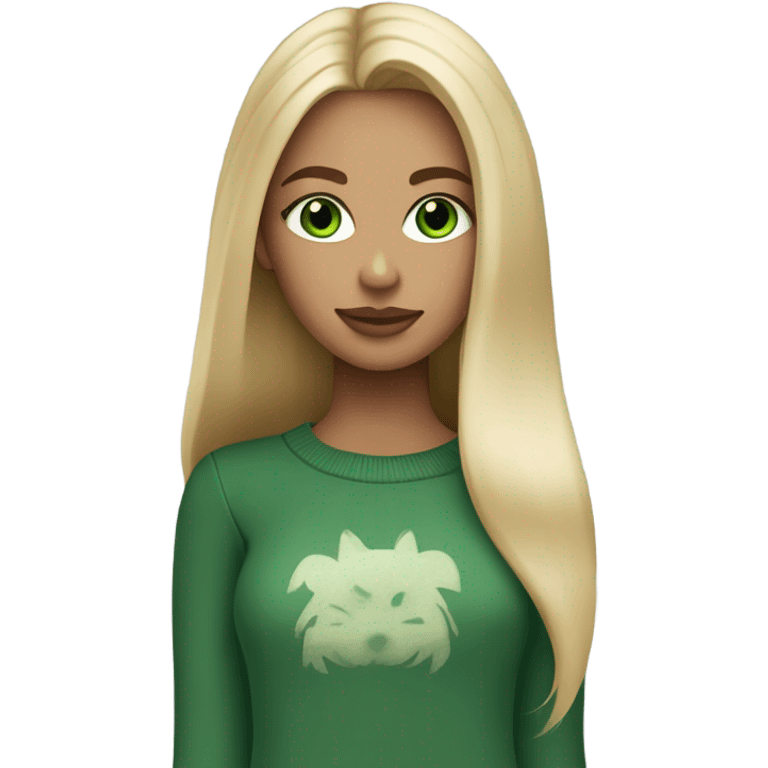 blonde girl with green eyes, smooth skin, sweater, long blow out hair, baddie, middle part emoji