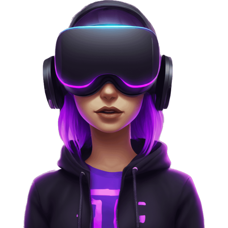 Russian girl wearing black hoody with violet letters "OMG", in vr headset. Cyberpunk style. Violet neon. emoji