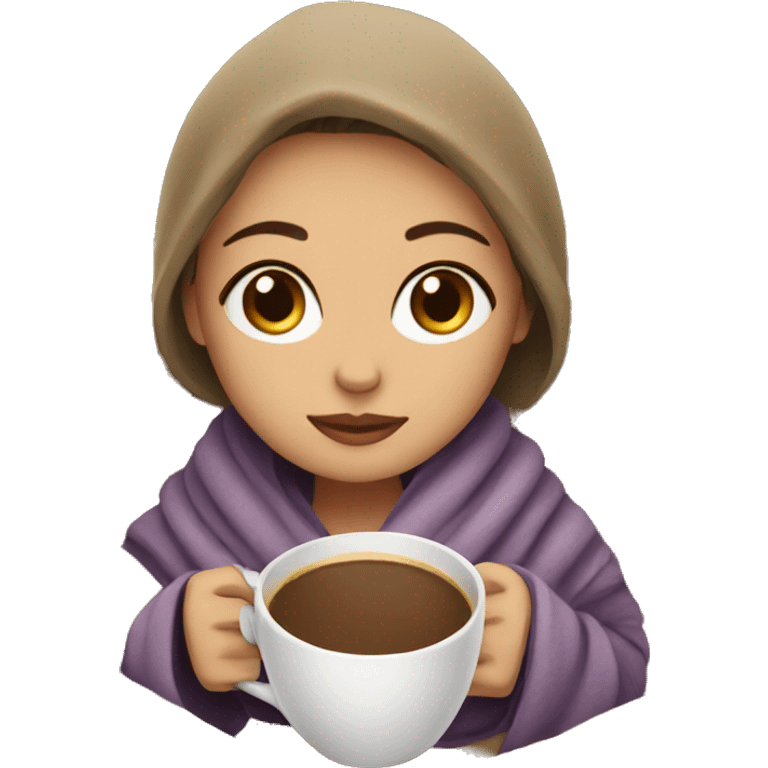 Girl drinking coffee, wrapped in a cozy blanket emoji