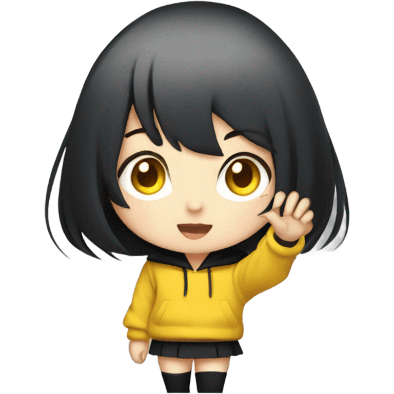 black short hair, yellow pupils, black hoodie, black short skirt, waving, chibi, anime emoji