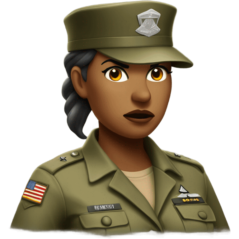 a female drill sergeant showing full torso wearing a classic sergeant hat and a camouflage army shirt. The character should have an angry intense expression.  emoji