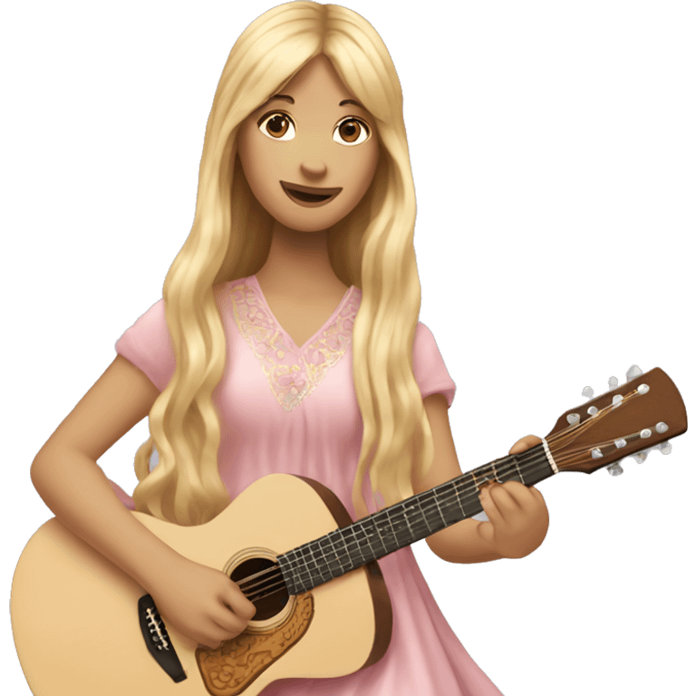 Hippie Girl with long blonde hair and bangs, wearing a baby pink long dress, playing acoustic guitar  emoji