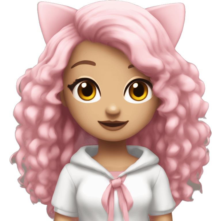 make a girl Roblox character add Preppy front tied top add white skirt blush add Pink Layered Kawaii Hair w/ Fluffy Kitty Beanie add Animated emoji Face drawing only face and all emotion  emoji