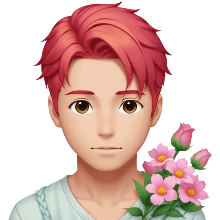 Gorgeous pastel red hair with a thin braid on the side anime style handsome sexy gojo guy with blushing face and flowers aesthetic trending style outside emoji