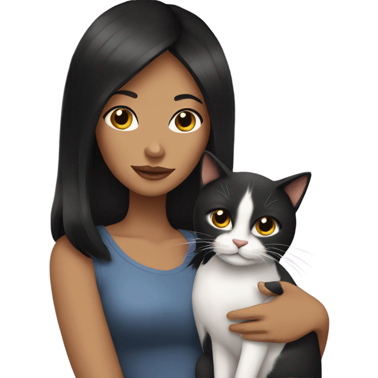 Lady with black straight hair holding a cat emoji