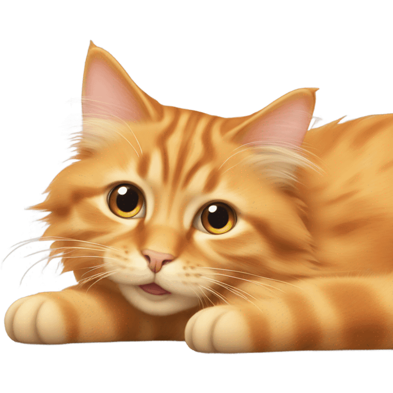 orange long hair cat, cute laying down with paws up and big eyes cute emoji