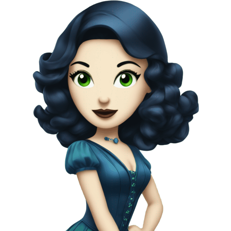 Burlesque dancer wearing blue with black hair, pale skin, and green eyes in a dark blue vintage costume dancing emoji