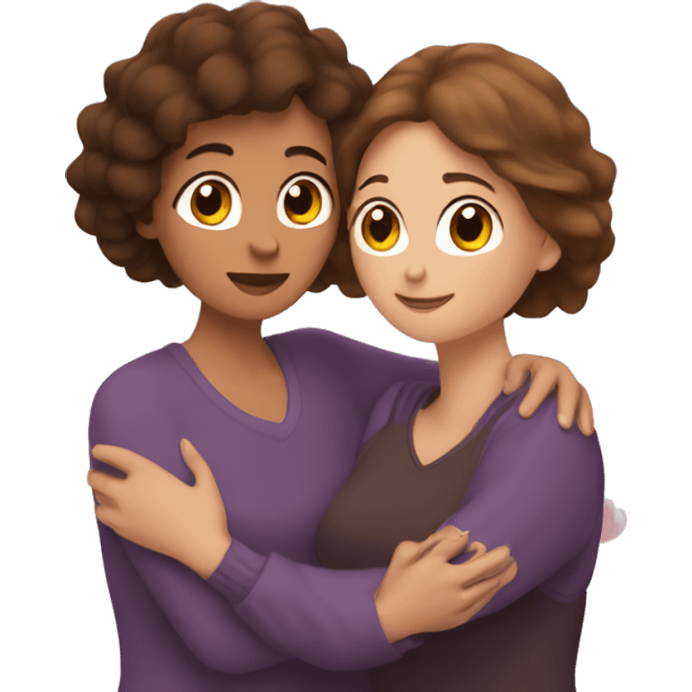 woman with brown short hair hugging a woman with brown long hair with hearts surrounding them emoji