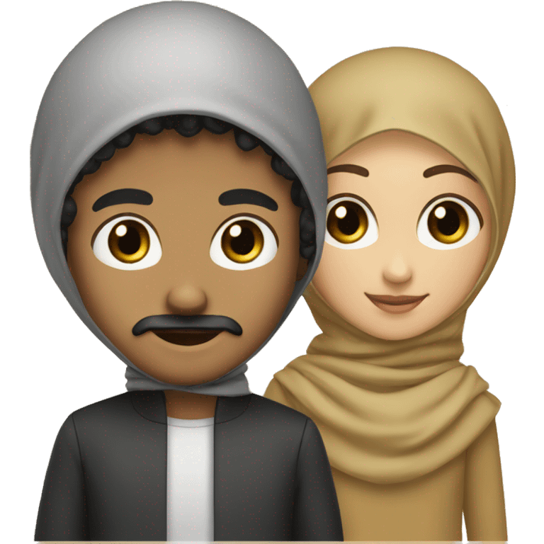 the brown boy has black short curly hair, goatee and moustache, black eyes. The girl has hijab  emoji