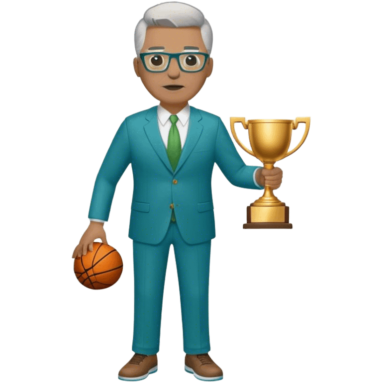 full body plus size white male basketball coach with short light brown mixed with gray hair color wearing glasses wearing blue and green suit holding a trophy emoji