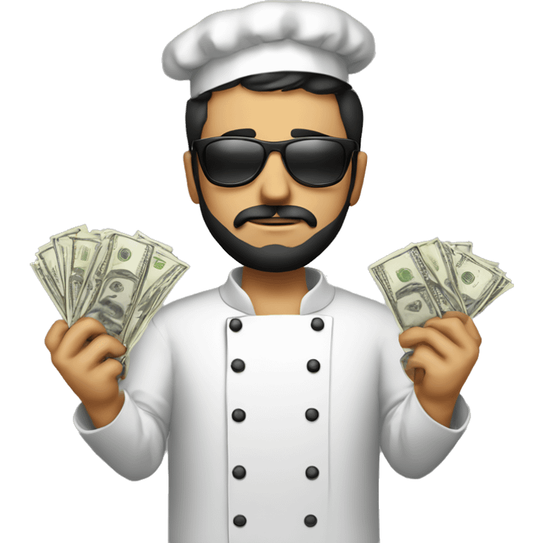 very sad men with black sunglasses, black short hair, small  beard, dressed as chef, with dollars in one hand and food on the other hand emoji