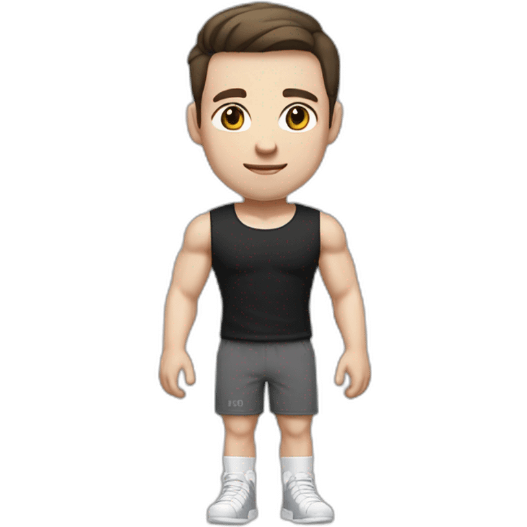 Pale skinned Fit Man With the biceps and dark brown hair in black shirt, gray sports shorts and white Sneakers emoji