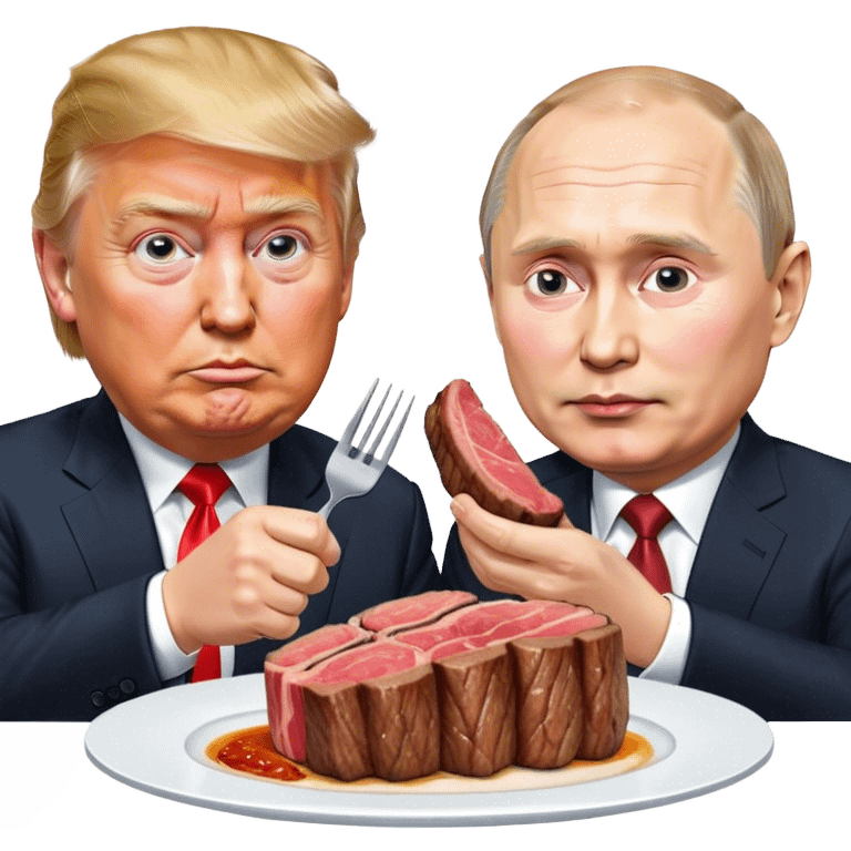 photorealistic Donald Trump and Putin eating a steak shaped like an piece of land emoji