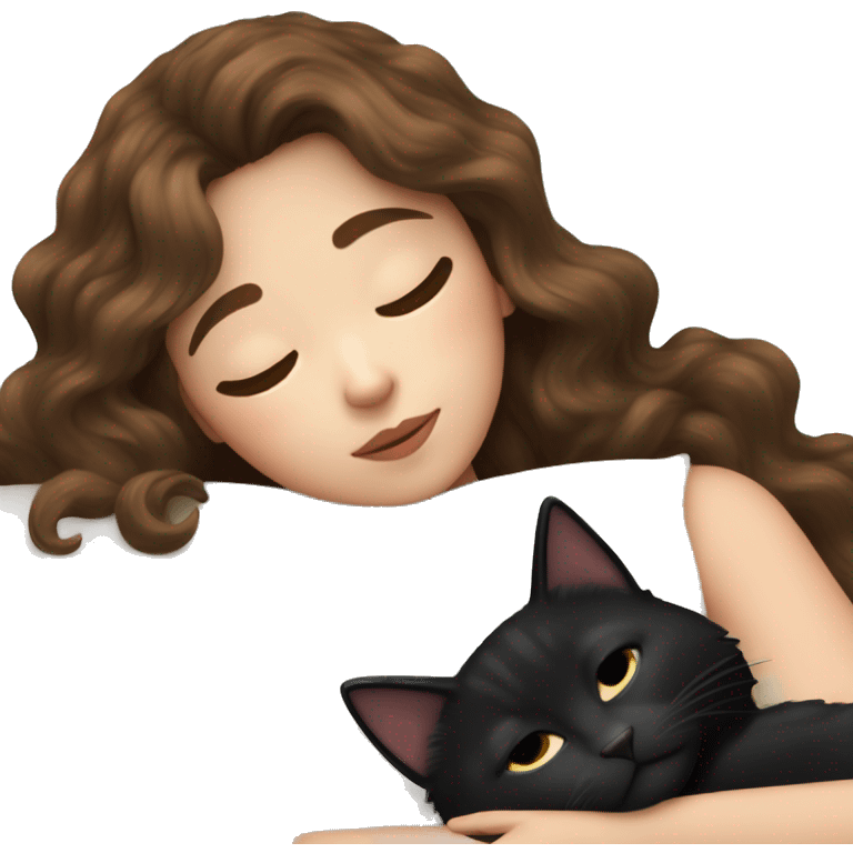 White Girl with long brown wavy hair and bangs napping with a black cat emoji