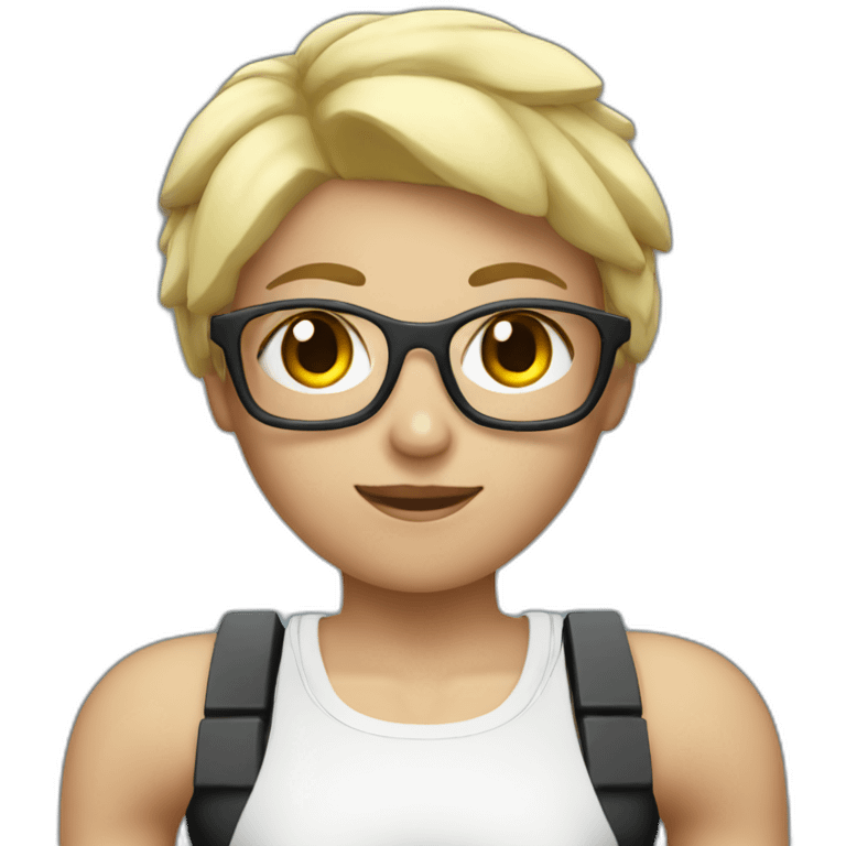 White Sports Girl with short blonde hair glasses holding dumbbell emoji