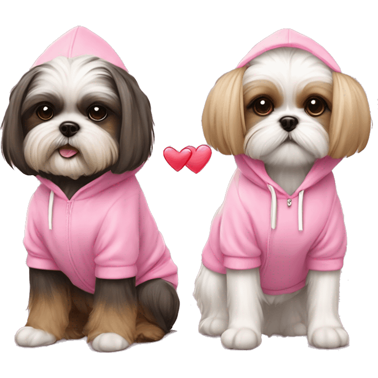 one very cute shih tzu girl and one maltaise dog wearing a pink hoodie with hearts emoji