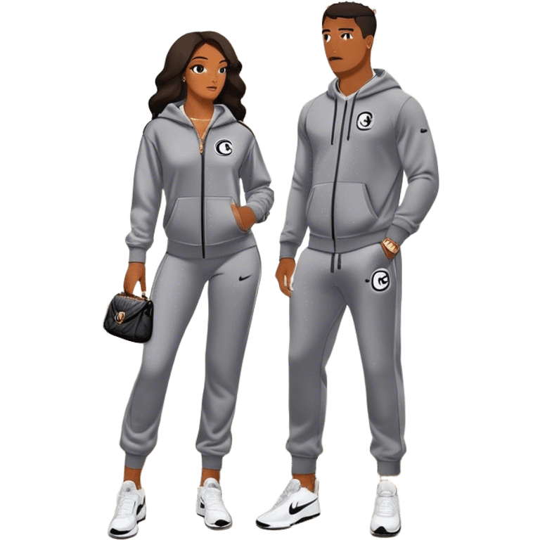 Man living his dream standing in the master bedroom of a mansion. He’s boo’d up with a pretty Brownskin big booty woman wearing a Chanel outfit and Bvlgari watch with her holding a Chanel bag. The man has on a Nike Tech Fleece sweatsuit. The man isn’t holding a bag emoji