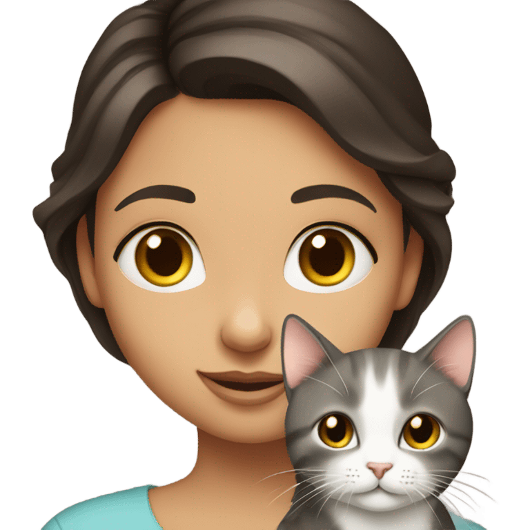 portrait of a beautiful brunette girl holding a cat emoji