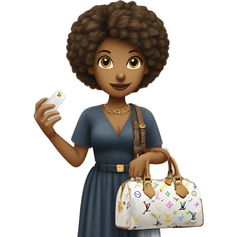 Chica de pelo lacio con vesrido blanco llevando un bolso louis vuitton en la mano emoji