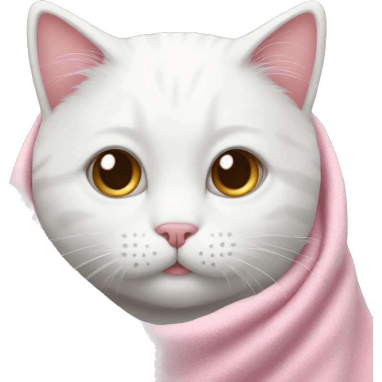 White cat with a pink flake covered with a blanket emoji