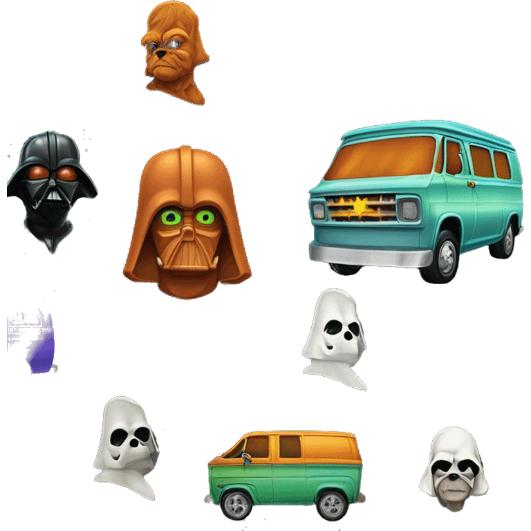 Darth Vader’s and Scooby Doo’s, Velma, Shaggy, Daphne, and Fred’s mystery machine ghost hunters 70’s Chevy van, with holographic flames. emoji