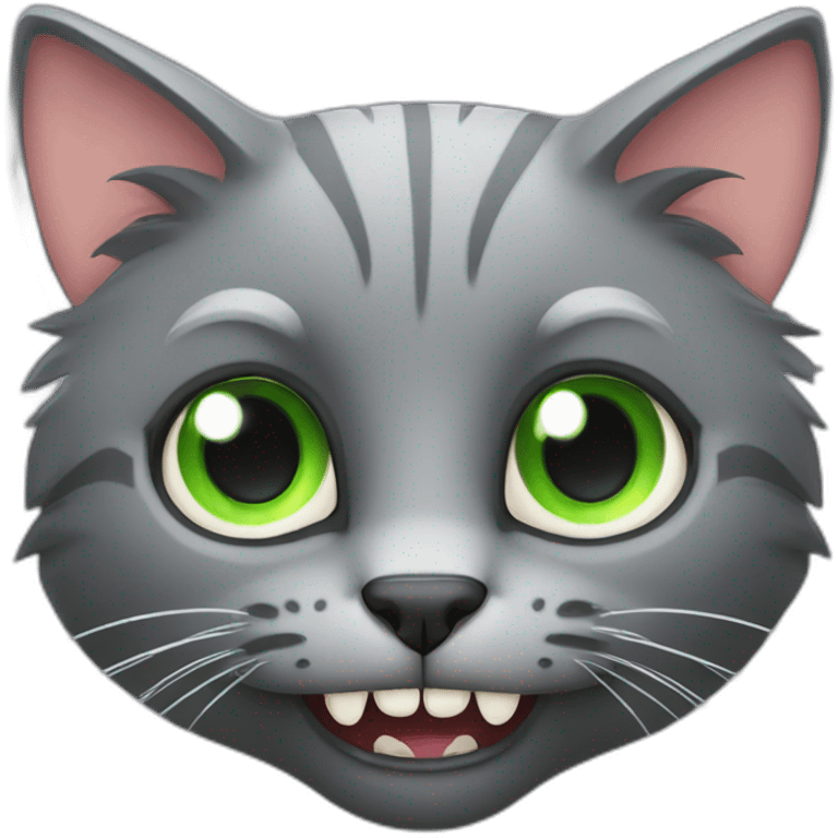 gray cat with big fangs and green eyes emoji