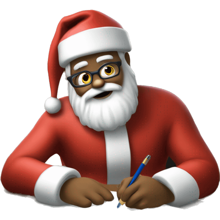 Santa is sitting on a desk, writing something down, solving complicated math puzzles in an exercise book emoji