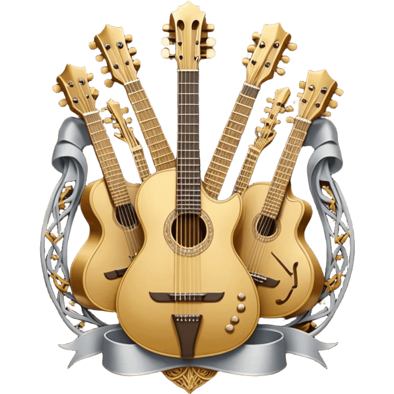 Create a complex, ceremonial, and professional emoji resembling a coat of arms, symbolizing plucked string instruments. The design should feature a combination of elements such as the necks and fretboards of various plucked string instruments like guitars, harps, and mandolins. The strings should be clearly visible, and the frets should be detailed. Intertwining with the instruments, there should be a flowing ribbon of musical notes, curving elegantly around the instruments and connecting them. The colors should include golden metallic tones, warm wood finishes, and silver accents to emphasize the professional and festive nature of the design. The background should be regal, using subtle textures or patterns to give a sense of grandeur, while keeping the instruments and notes as the focal point. The design should evoke a sense of celebration and sophistication, reflecting the rich tradition of plucked string instruments. emoji