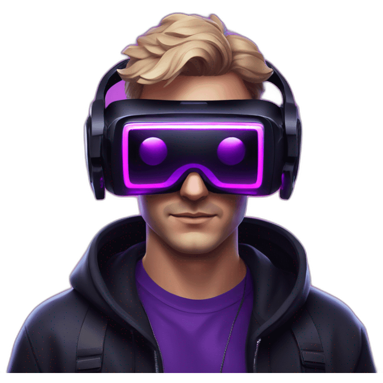 Russian man in the black hoody with violet OMG VR logo on it wearing vr headset oculus quest 2. Cyberpunk style. Violet neon. emoji