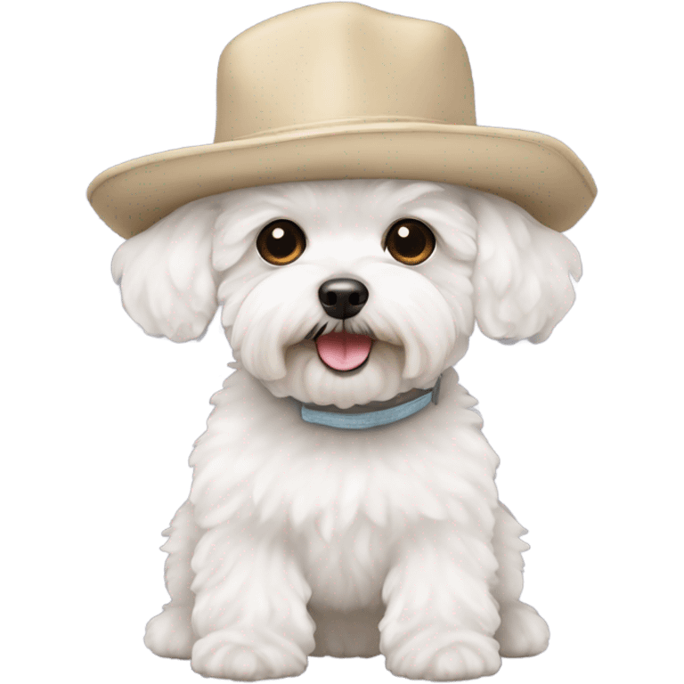 White maltipoo wearing propeller hat emoji