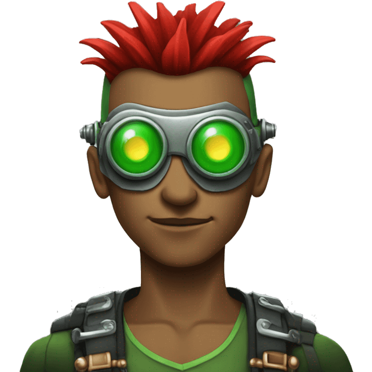 Male cyborg with thin red Mohawk and green steampunk goggles emoji