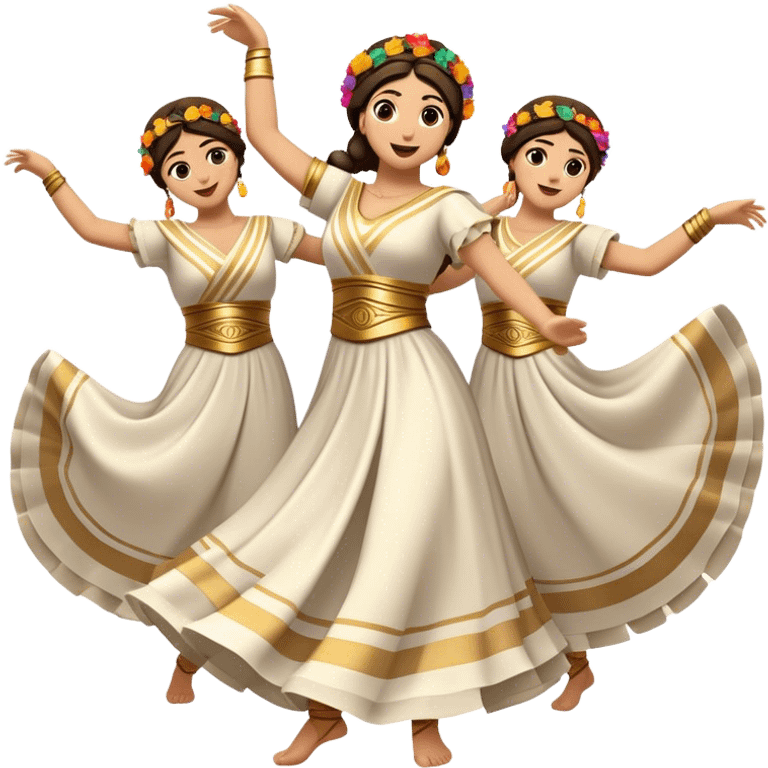 Cinematic Realistic Sirtaki Dance Emoji, depicted as a vibrant traditional Greek dance scene with flowing movements and expressive costumes, rendered with dynamic textures and warm festive lighting that captures its cultural exuberance. emoji