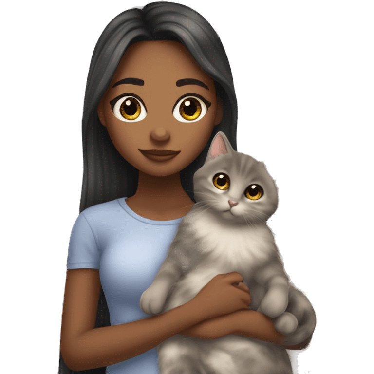 pretty brown skinned girl with long hair long eyelashes and a chin dimple holding a gray kitten w emoji