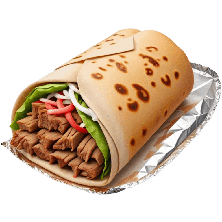 Doner Kebab Cinematic Realistic Doner Kebab Dish Emoji, depicted as iconic, spiced meat wrapped in foil and paper, rendered with lifelike textures and dynamic, appetizing lighting. emoji