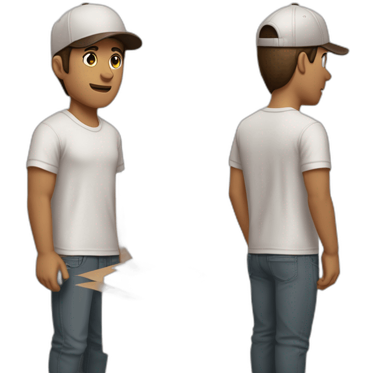 Pale skinned fit Man with dark brown hair in a light gray cap, dark brown jeans, brown polo and white T-shirt keeping a pasted with tape white box into his hands emoji