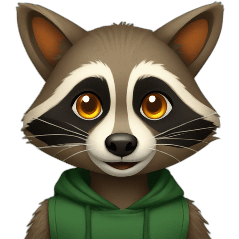 brown raccoon with orange eyes and a dark green hood that is smiling emoji