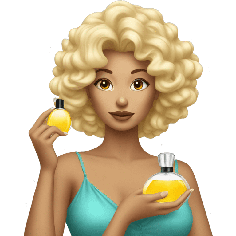 a blonde woman with big hair applying perfume emoji