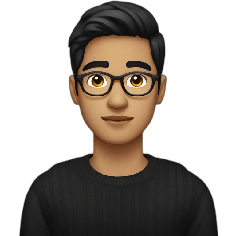 a light skin Pakistani teenager, wearing round glasses, short moustache, black straight hair, black jumper/sweater, structured manly face emoji