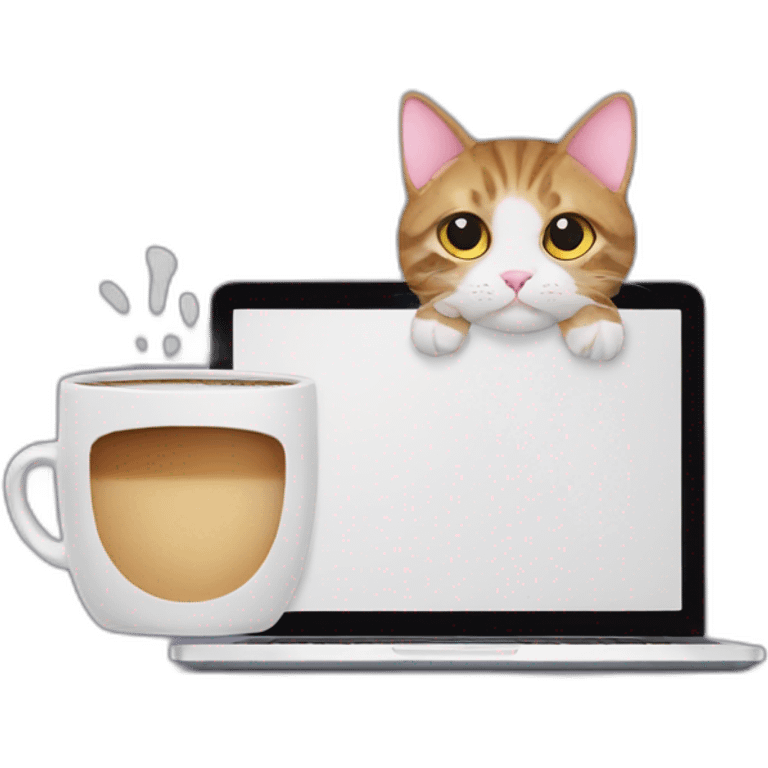 cat ears behind a computer and a coffee mug emoji