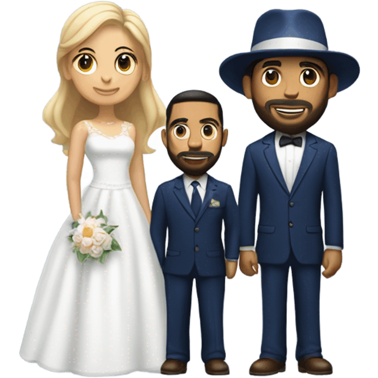 Puerto rican beard short hair with blue hat and navy blue suit getting Married with blond long hair girl with white  wedding dress  emoji