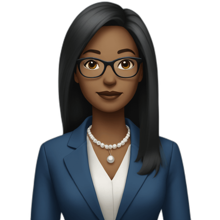 black woman ceo, black glasses, straight hair, blue blazer, pearl necklace emoji